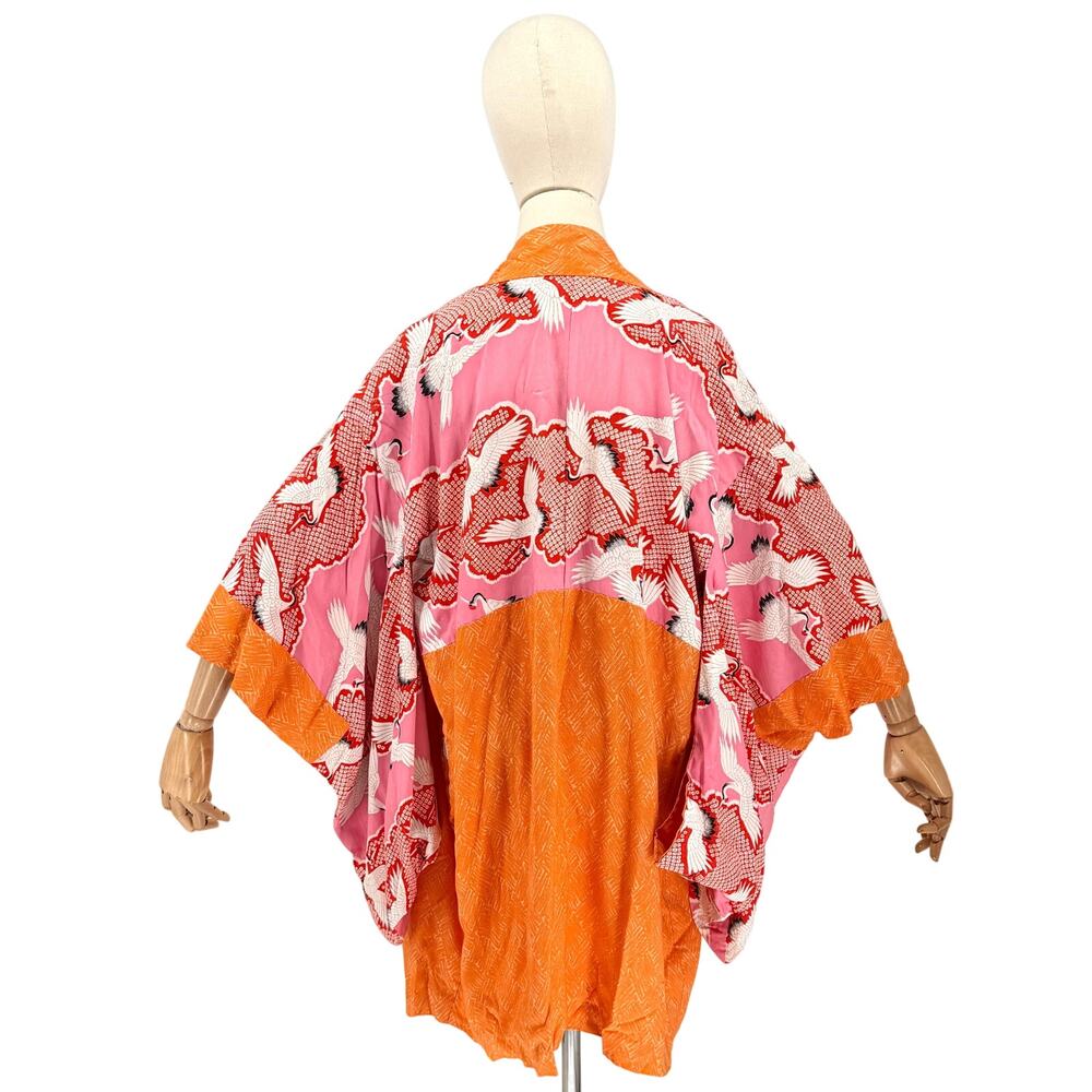 Vintage 60s Showa Era Pink Orange Silk Crane Motif Haori Kimono Jacket